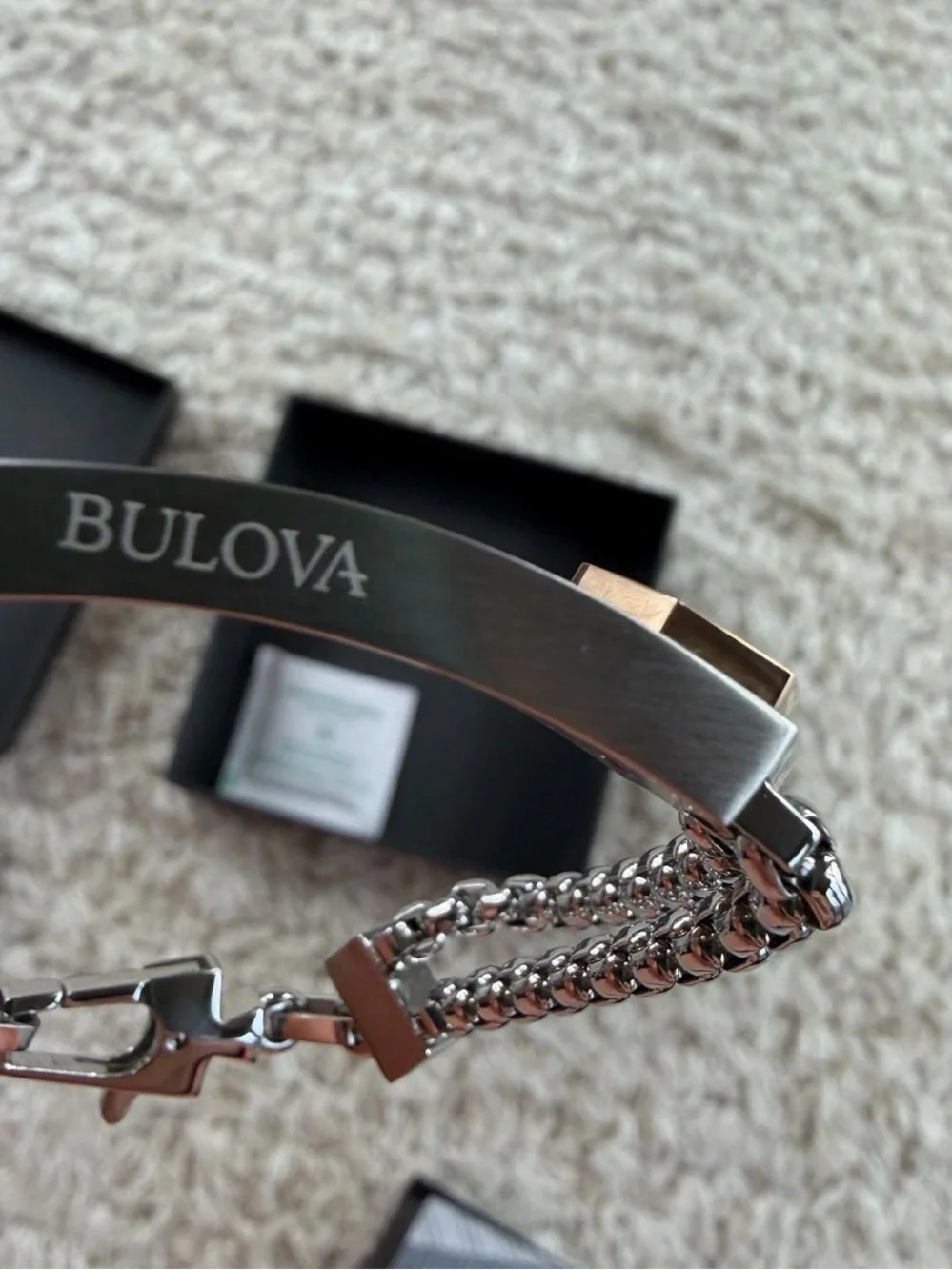 Bulova Silver Bracelet with Rose Gold Accents and Black Carbon Fiber Inlay